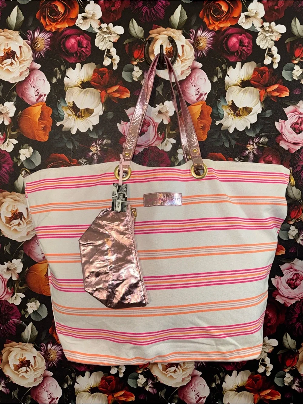 NWT RARE Vintage Oversized Victoria's Secret Pink & Orange Striped Canvas Tote